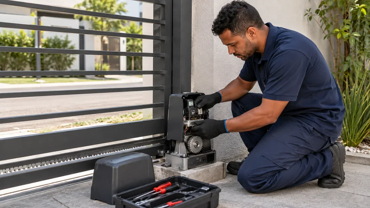 Técnico fazendo manutenção em motor de portão eletrônico